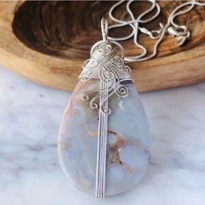 Lace Agate Wire Wrapped Silver Necklace